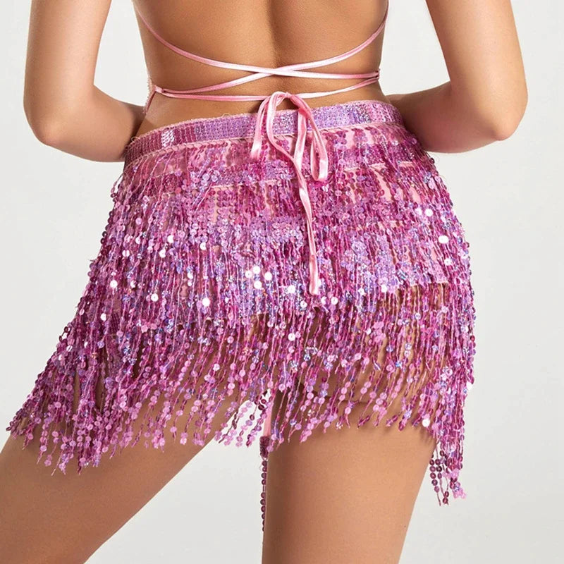 Latin Dance Hula Short Skirt Dress Stage Carnival Party Performance Hip Scarf Three-Layer Tassel Belly Dance Sequins Waist Chain