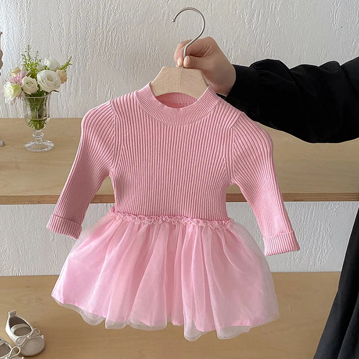 2025 New Autumn European American Style 1-6Yrs Baby Girl Party Dress Long Sleeved Knitted Mesh Splicing Kids Princess Dresses
