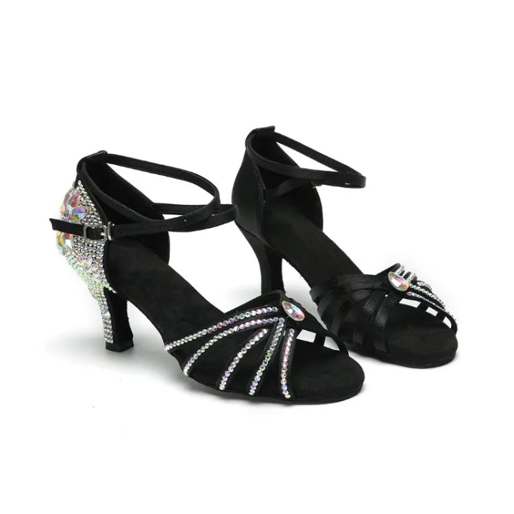 New Diamond Studded Satin High Heels Dance Shoes Fashion Black Brown Crystal Rhinestone Sparkling Latin Dance Performance Shoes