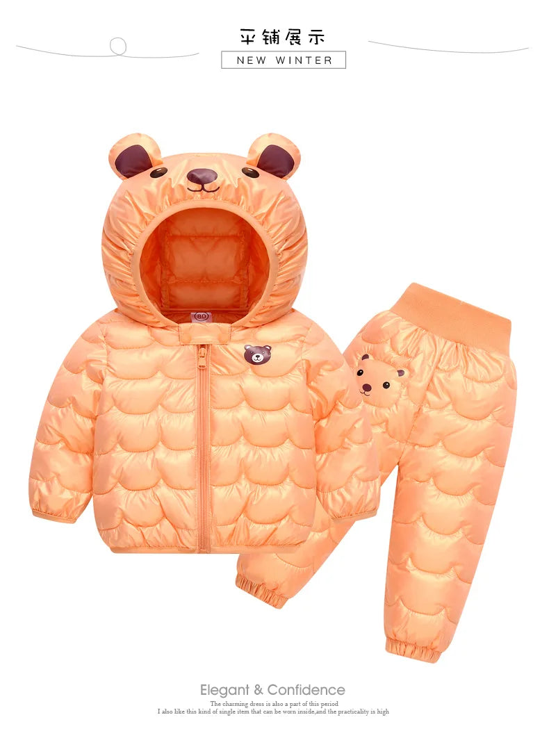 2023 New Children's Winter Set Boys and Girls' Down Coat Cartoon Bear Hooded Coat+Pants Baby Snow Thickened Warm Set 0-5Y