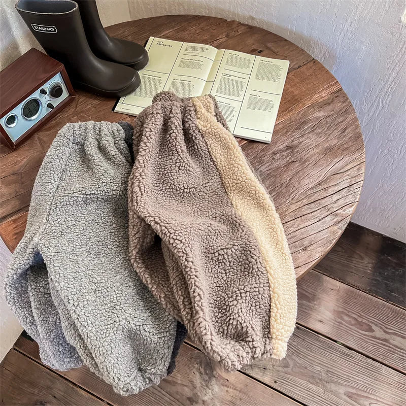 2025 Winter New Children Warm Trousers Baby Loose Lamb Fleece Pants Toddler Girls Casual Pants Solid Baby Boys Harem Pants