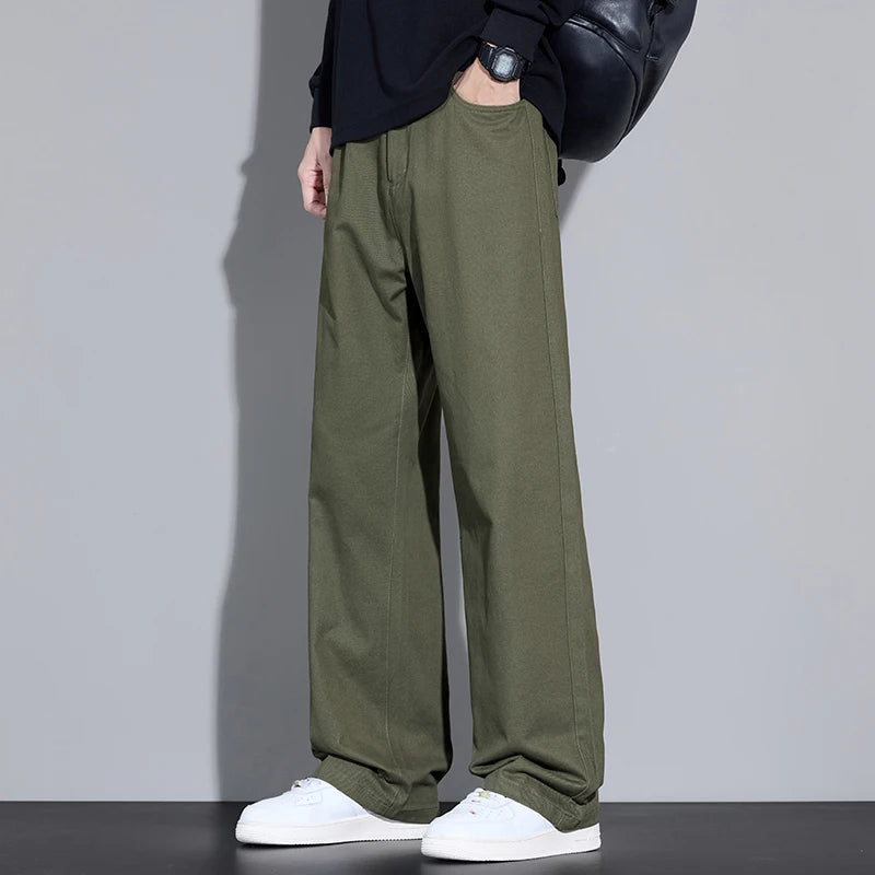 100% Cotton Men's Baggy Wide-leg Pants Soft Breathable Loose Straight Casual Trousers Spring Autumn Fashion Korean Streetwear