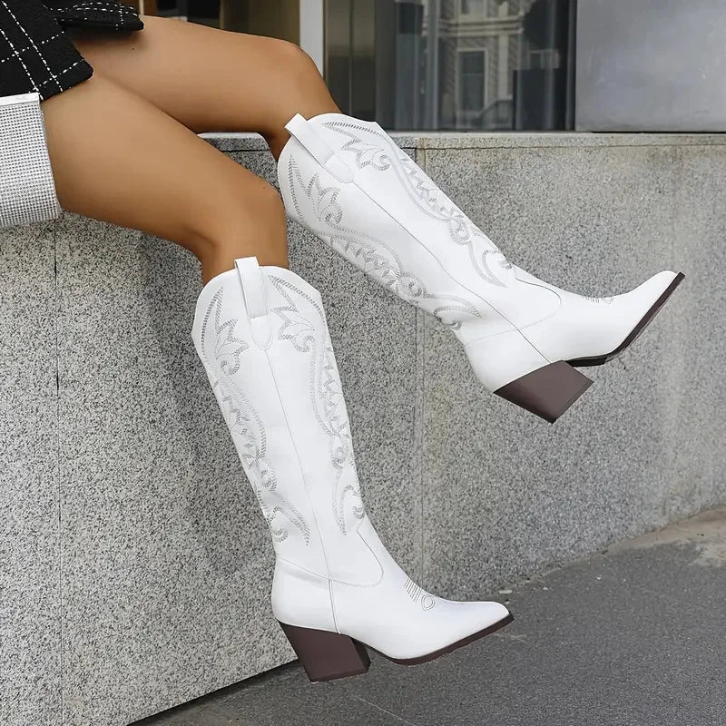 Women's Knee High Western Cowboy Boots Vintage Embroider Block Chunky High Heels Pointed Toe Pull On Fashion Cowgirl Boots