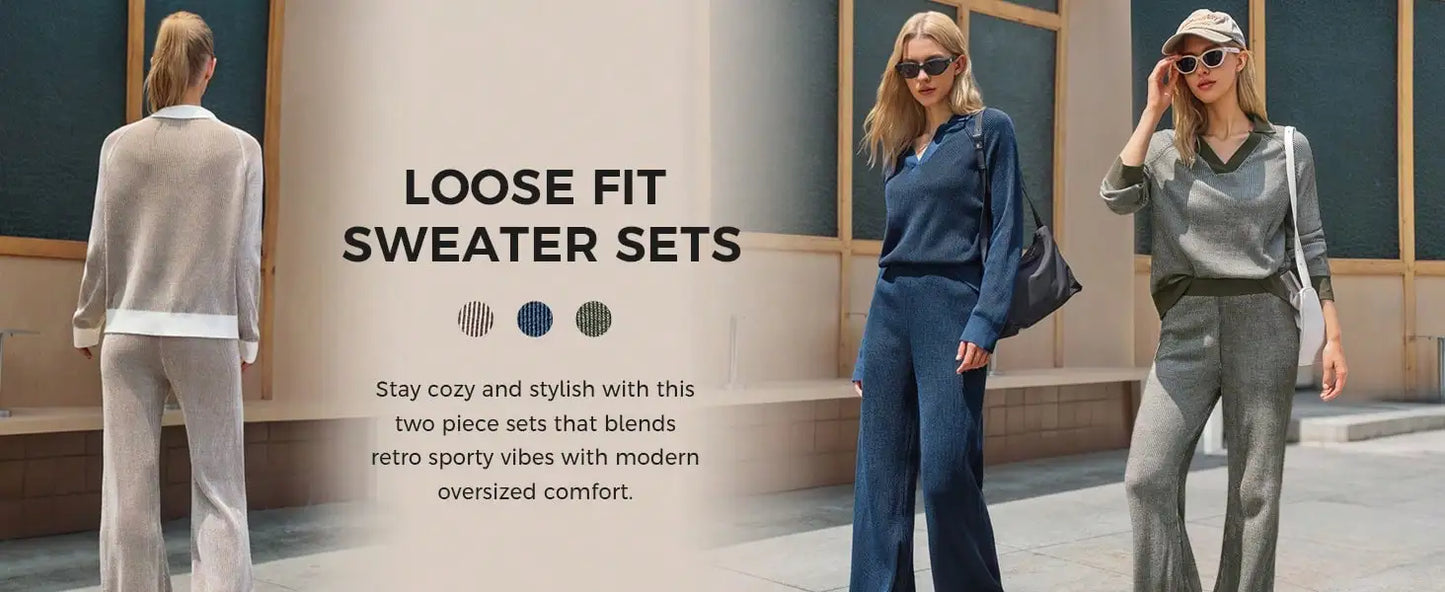 Fisoew Striped Knit Sweater 2 Piece Set | Fall Winter Oversized Loungewear Matching Outfit | Cozy Street Style Casual Tracksuit