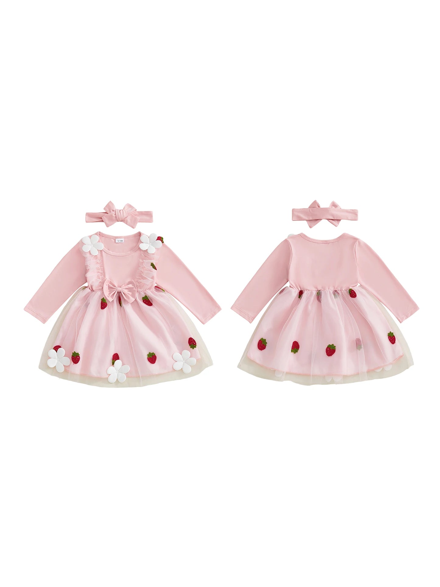 Infant Girls Long Sleeve Crew Neck Dress with Strawberry Embroidery Floral Bow Detail and Tutu Skirt