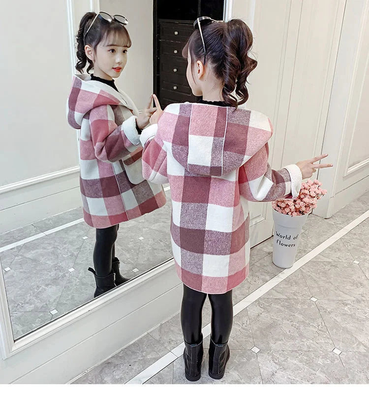 Fashion Girls clothing Jackets Autumn Winter parka Clothes Medium Long coat windbreaker Plaid Thicken Lamb Children Woolen Coats