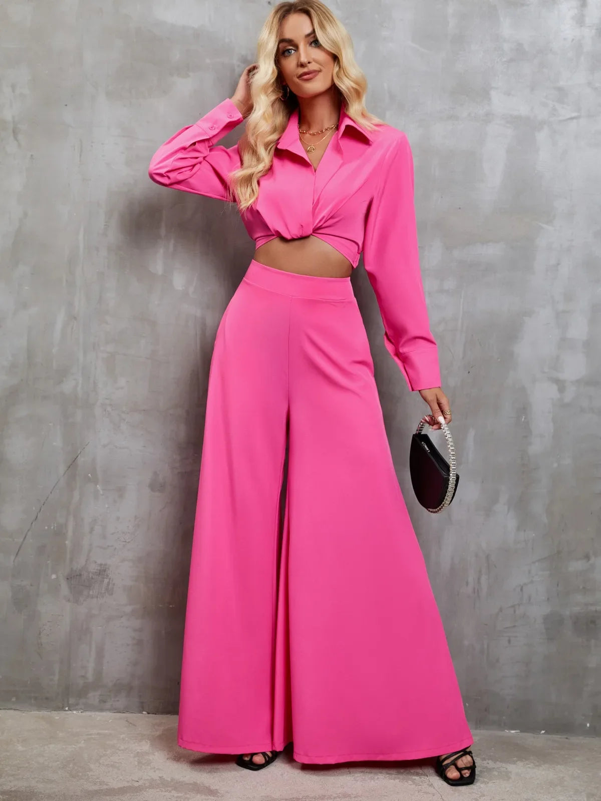 2024 New Women Set Solid Color Long Wide Leg Pants Women's Two-piece Set Fashion Casual Long Sleeves Shirt Jacket Suit Autumn