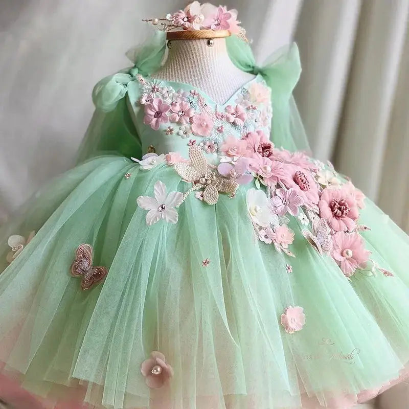 Luxurious and Elegant Flower Girl Princess Dress Mesh Formal Christmas Fluffy Dress Lolita Butterfly Girl Birthday Party Dress