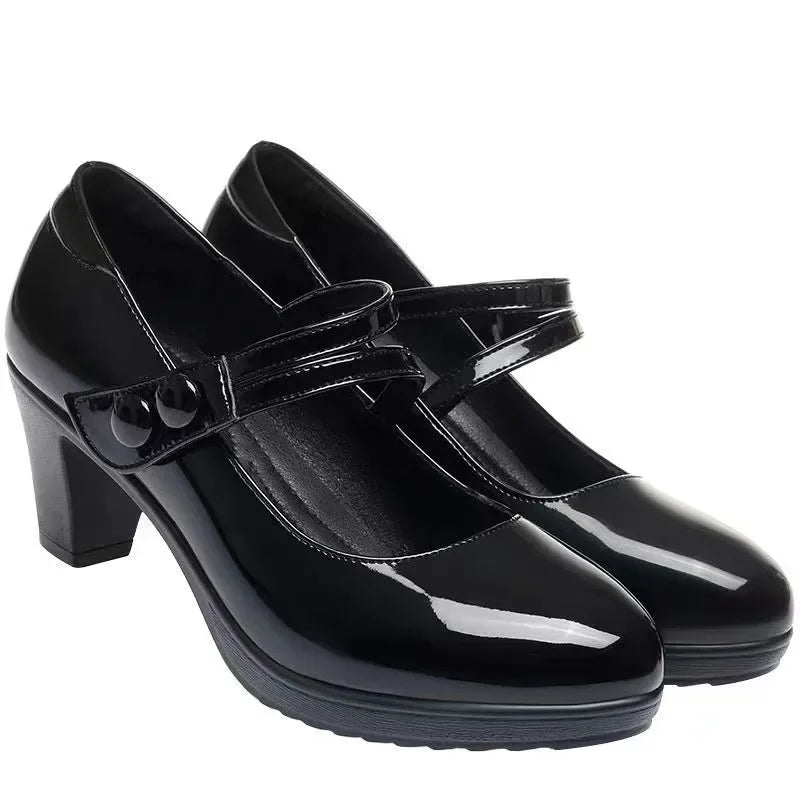Fall 2025 Women's Low Cut Single Shoes High Heel Buckle Strap Thick Heel Qipao Show Mom Shoes round Toe Rubber Outsole PU Leathe