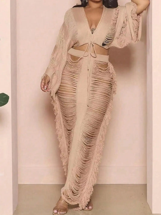 2025 latest women's 2-piece tassel costume long sleeve top and tassel cut-out long skirt