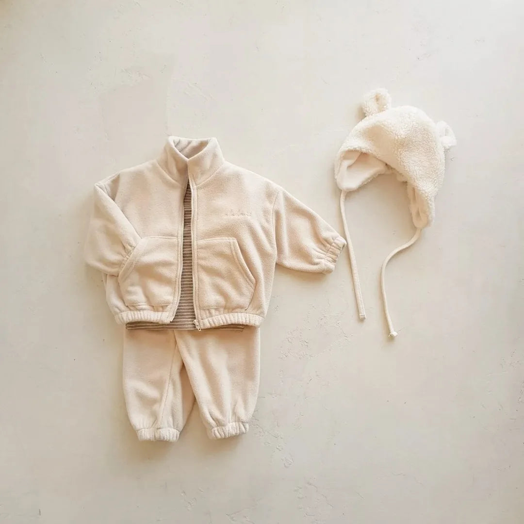 High Collar Floral Shirts Set For Baby Boy And Girl Thick Cotton Tops And Pants Monochrome Plus Velvet Warm For Kids Autumn