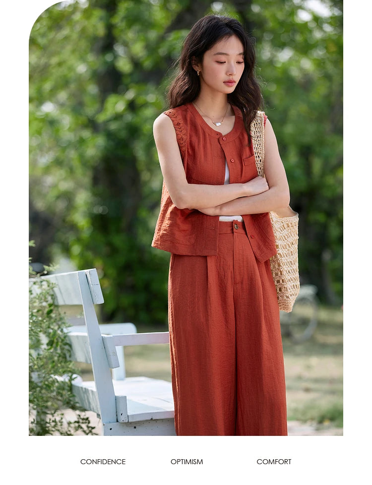 VIMLY Fashion Temperament Suit Women's Summer 2025 New Design Sleeveless Vest Wide-leg Pants Two-piece Set A0820