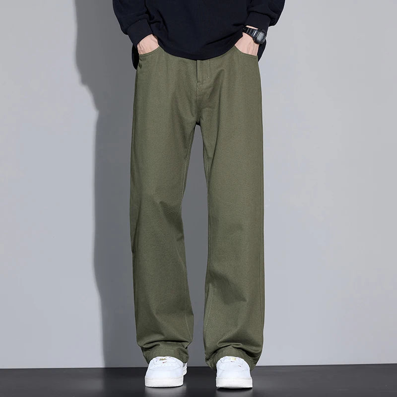 100% Cotton Men's Baggy Wide-leg Pants Soft Breathable Loose Straight Casual Trousers Spring Autumn Fashion Korean Streetwear