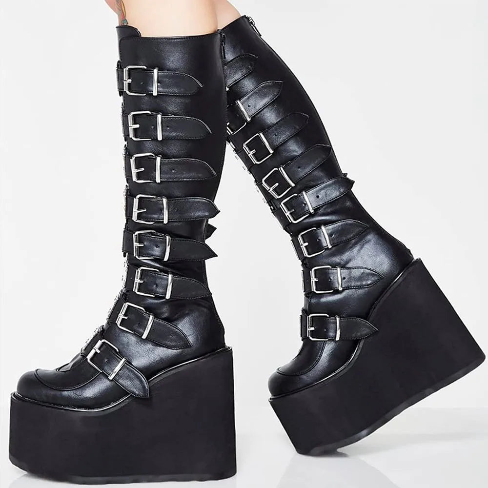 GIGIFOX Women Punk Motorcycle Boots Platform High Wedges Heel Zipper Metal Buckle Mid-Claf Boots Goth Combat Y2K COS Women Shoes