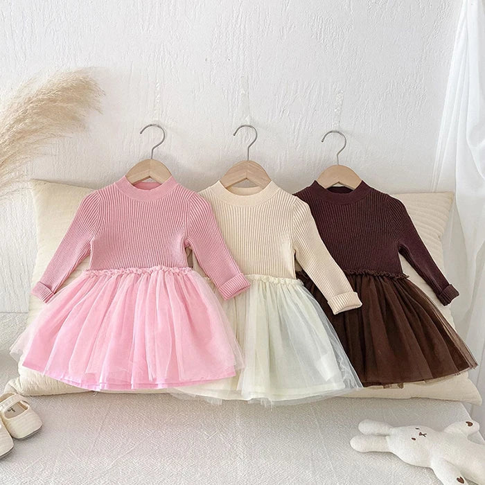 2025 New Autumn European American Style 1-6Yrs Baby Girl Party Dress Long Sleeved Knitted Mesh Splicing Kids Princess Dresses