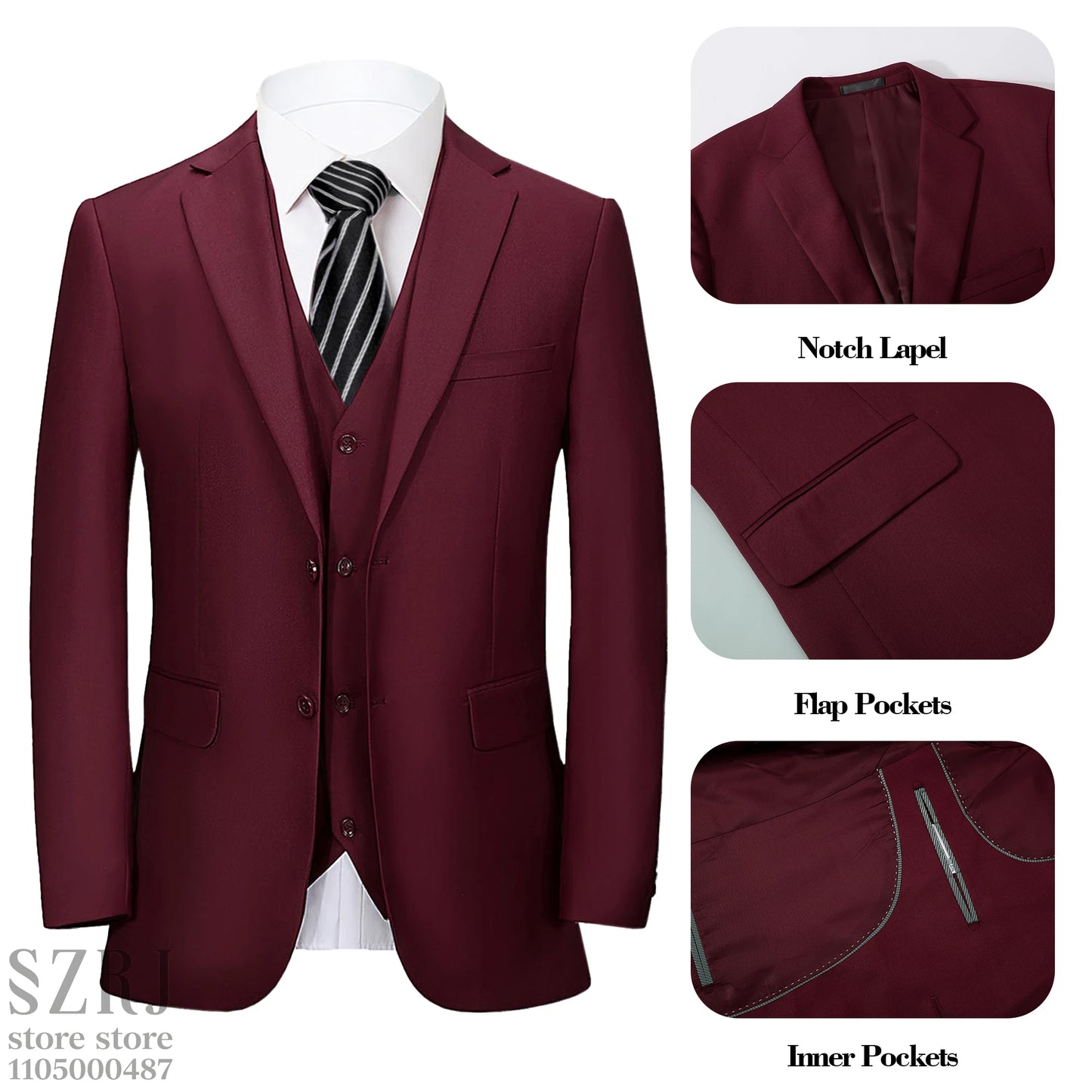 Men's 4-Piece Suit: Jacket+Vest+Pants+golden Tie. V-Neck, Gentleman Style, Premium, Tailored. For Business, Parties, Weddings.