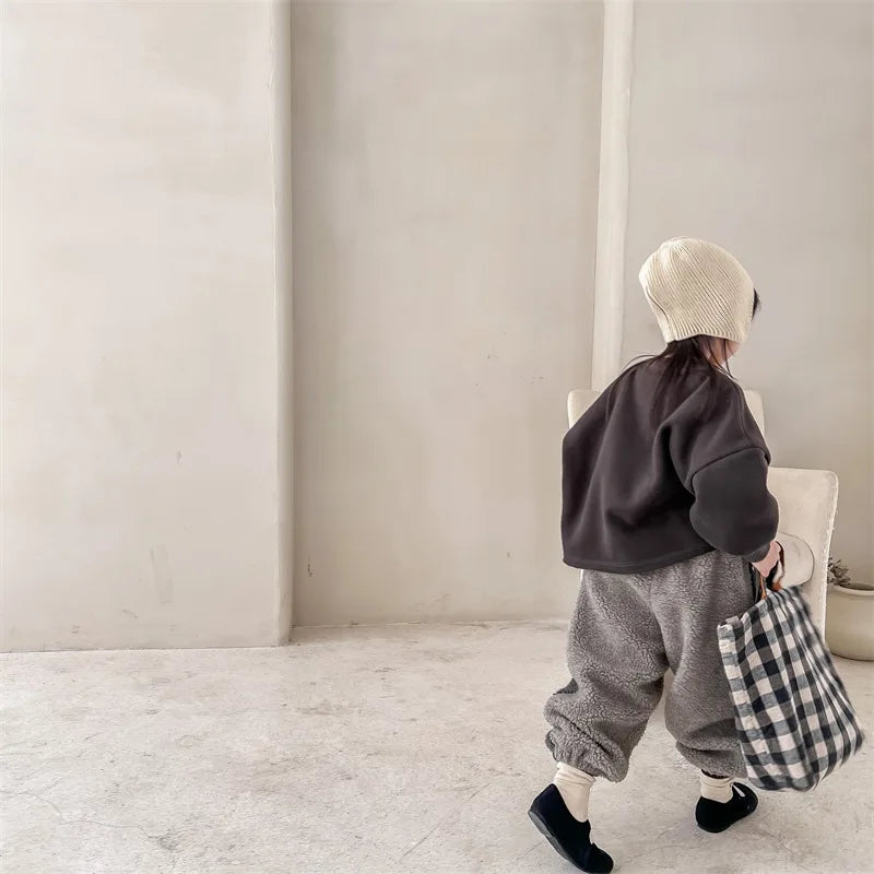 2025 Winter New Children Warm Trousers Baby Loose Lamb Fleece Pants Toddler Girls Casual Pants Solid Baby Boys Harem Pants