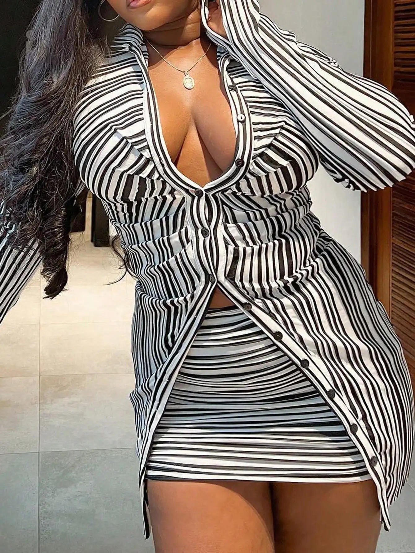 Christmas Gift Women's Striped Two-Piece Set - Long-Sleeve Button-Down Shirt & Mini Skirt