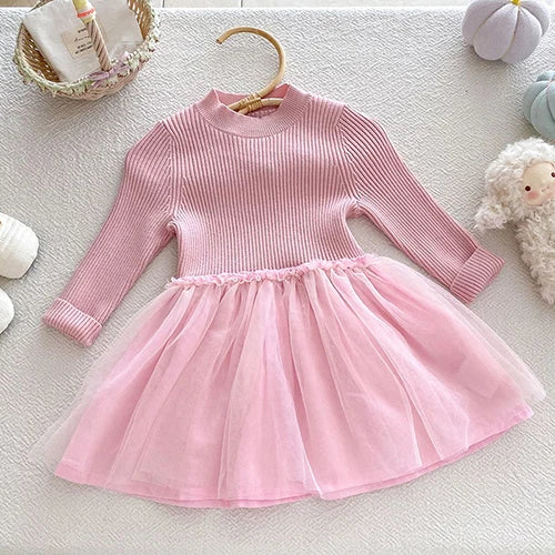2025 New Autumn European American Style 1-6Yrs Baby Girl Party Dress Long Sleeved Knitted Mesh Splicing Kids Princess Dresses