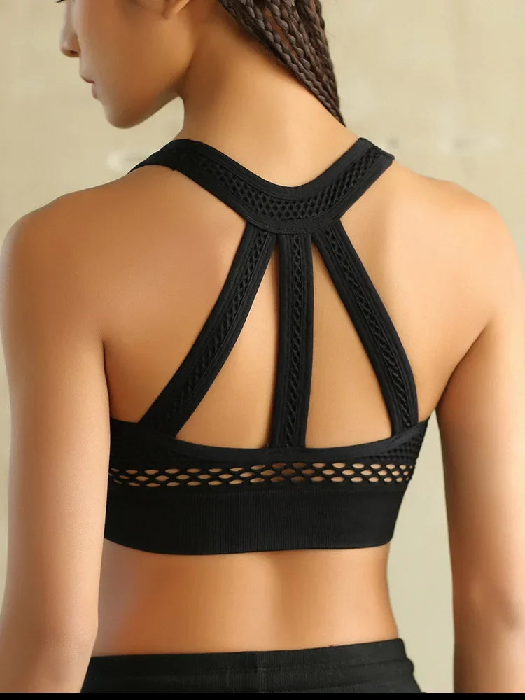 Workout Gym Bras Mesh Padded Sports Bra Hollow Out Top Women Seamless Breathable Backless Push Up Fitness Yoga Bras Crop Top