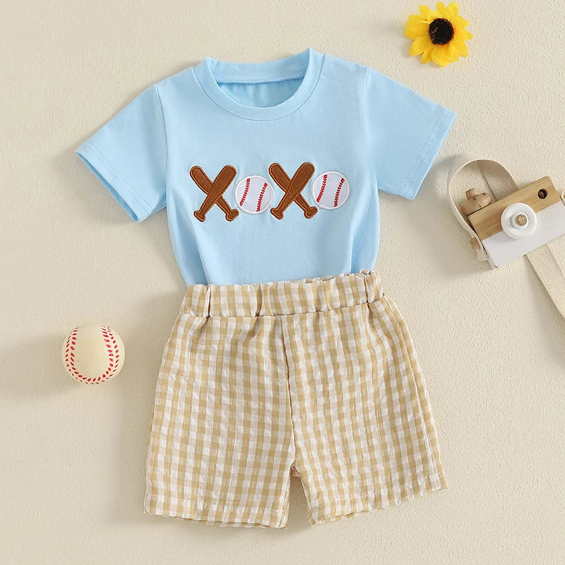 Boys 2-Piece Outfit Set with Embroidered Baseball Tee and Plaid Shorts Elastic Waistband Short Sleeve Top