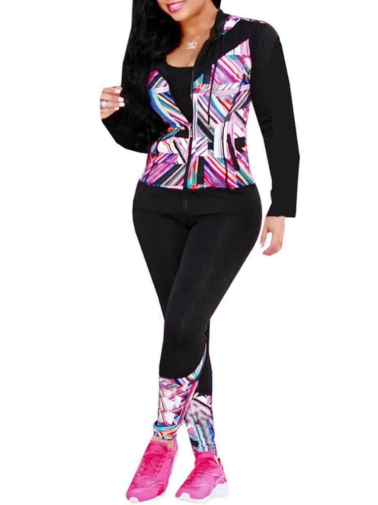 casual 2 piece outfit for women digital print long sleeve jacket and pants set
