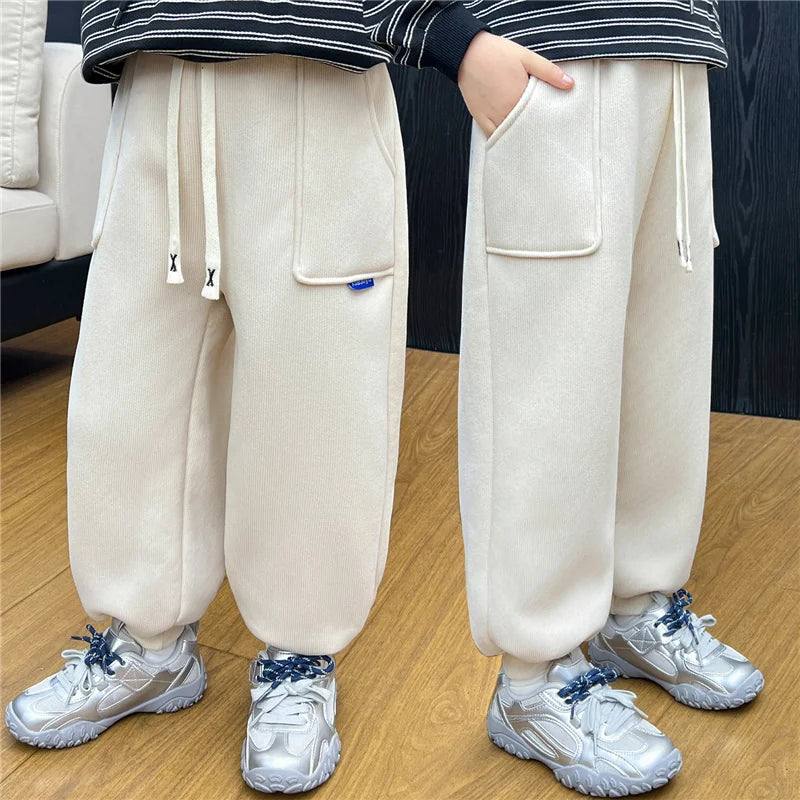 Boys Girls Fleece Line Pants Winter Children Thick Velvet Warm Trousers Autumn New Girls Elastic Solid Casual Sweatpants 2-12Y