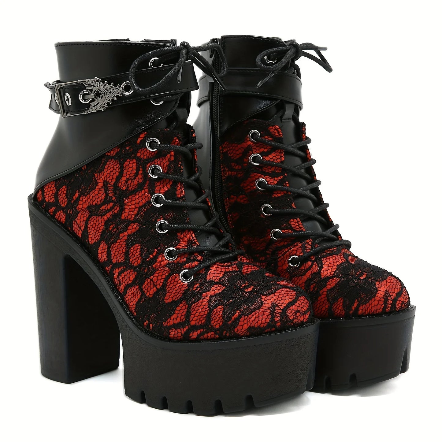 Women's Y2K Goth Punk Platform Ankle Boots Fashion Block Chunky High Heels Buckle Lace-Up Side Zipper Party Cosplay Boots Woman