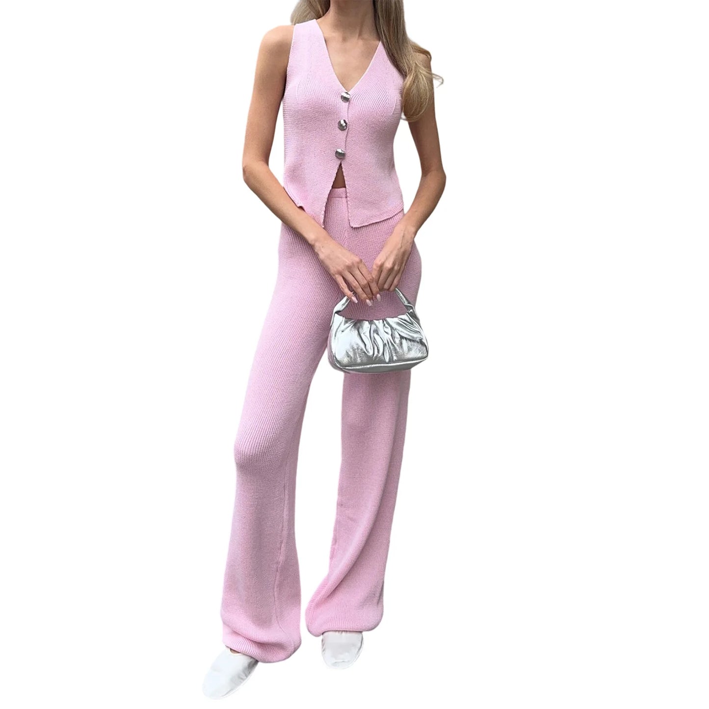 Women s Knitted Sleeveless Vest and Pants Set with Button Closure 2-Piece Summer Outfit for a Stylish Look