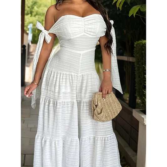 Sexy Solid Color Bodysuit Women - Off Shoulder Ruffle Neck Wide Leg Jumpsuit Clubwear Night Out Outfit Stretchy Fit