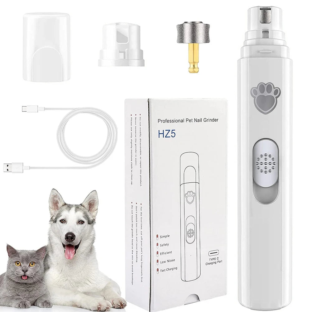 Electric Dog Nail Grinder USB Rechargeable LED Light Pet Nail Trimmer with 2 Speed Settings and Polisher Wheel