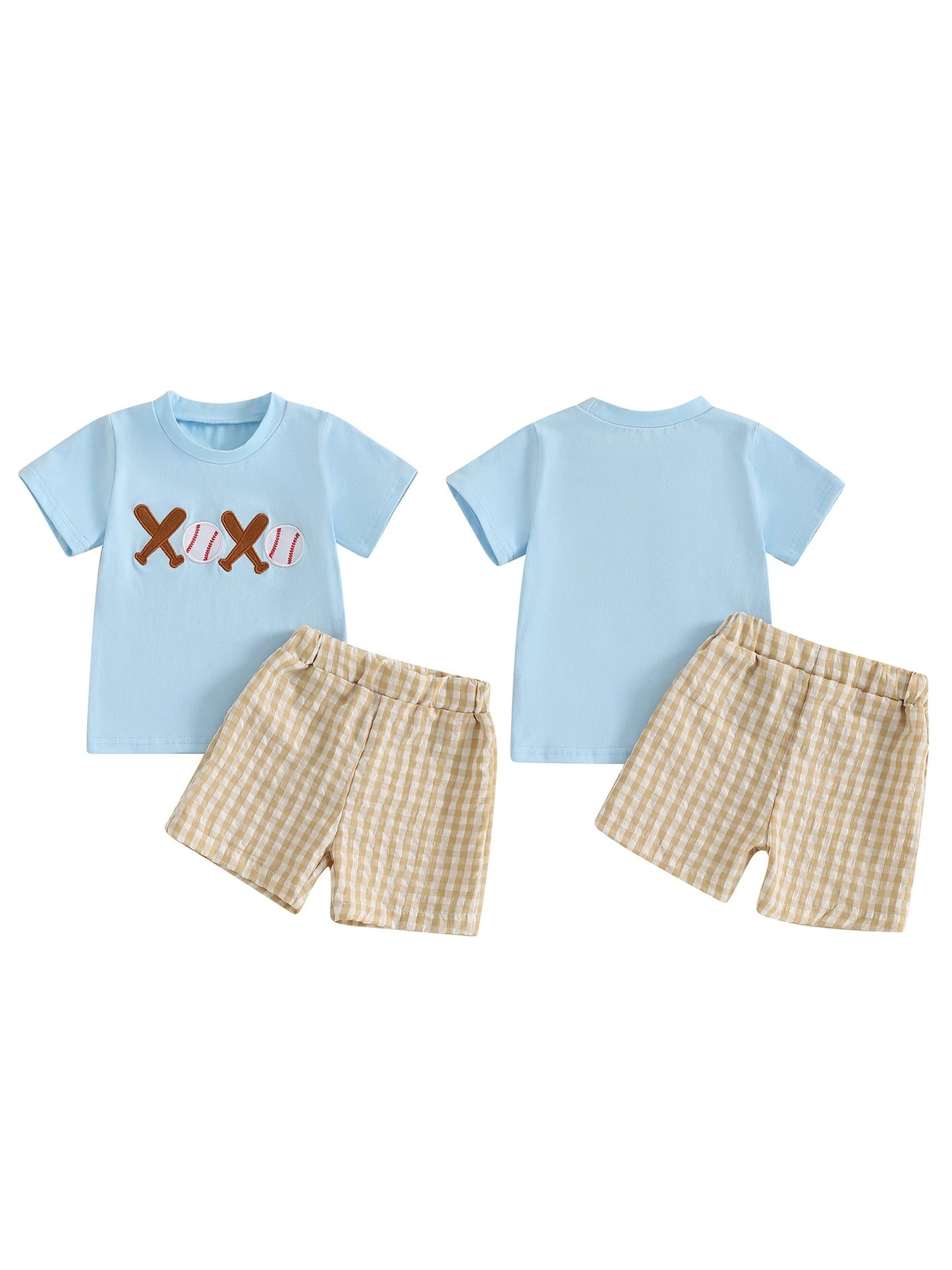 Boys 2-Piece Outfit Set with Embroidered Baseball Tee and Plaid Shorts Elastic Waistband Short Sleeve Top