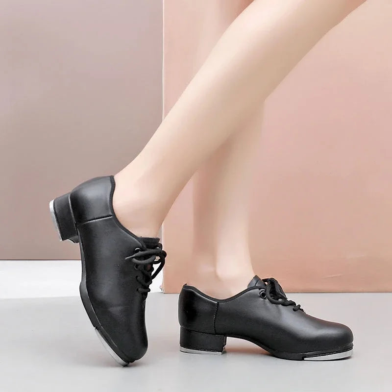 Unisex Elastic Opening Straight Sole Tap Dance Shoes Women Black Imitation Leather Sneakers Step Dance Shoes Children Large Size