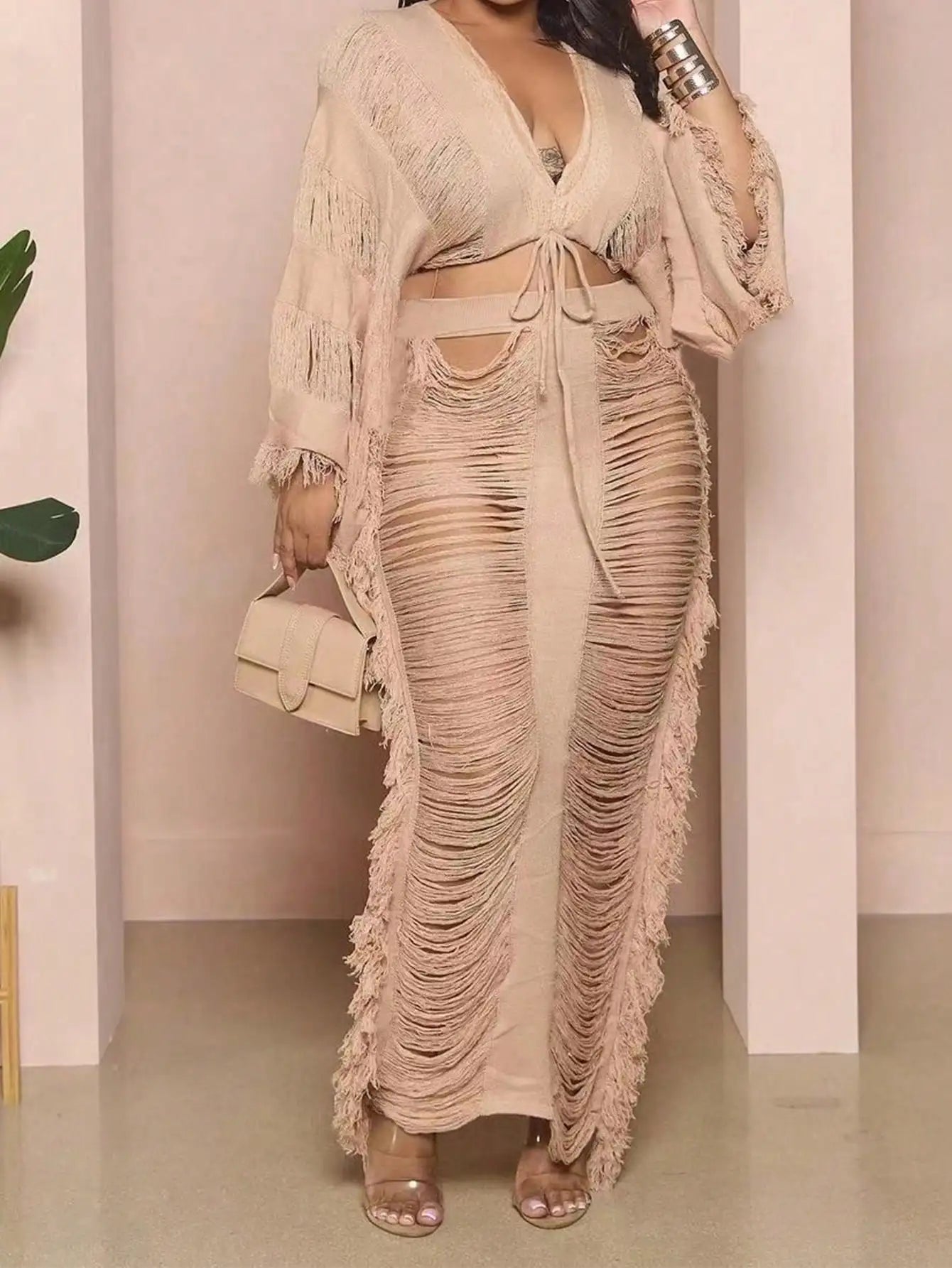 2025 latest women's 2-piece tassel costume long sleeve top and tassel cut-out long skirt