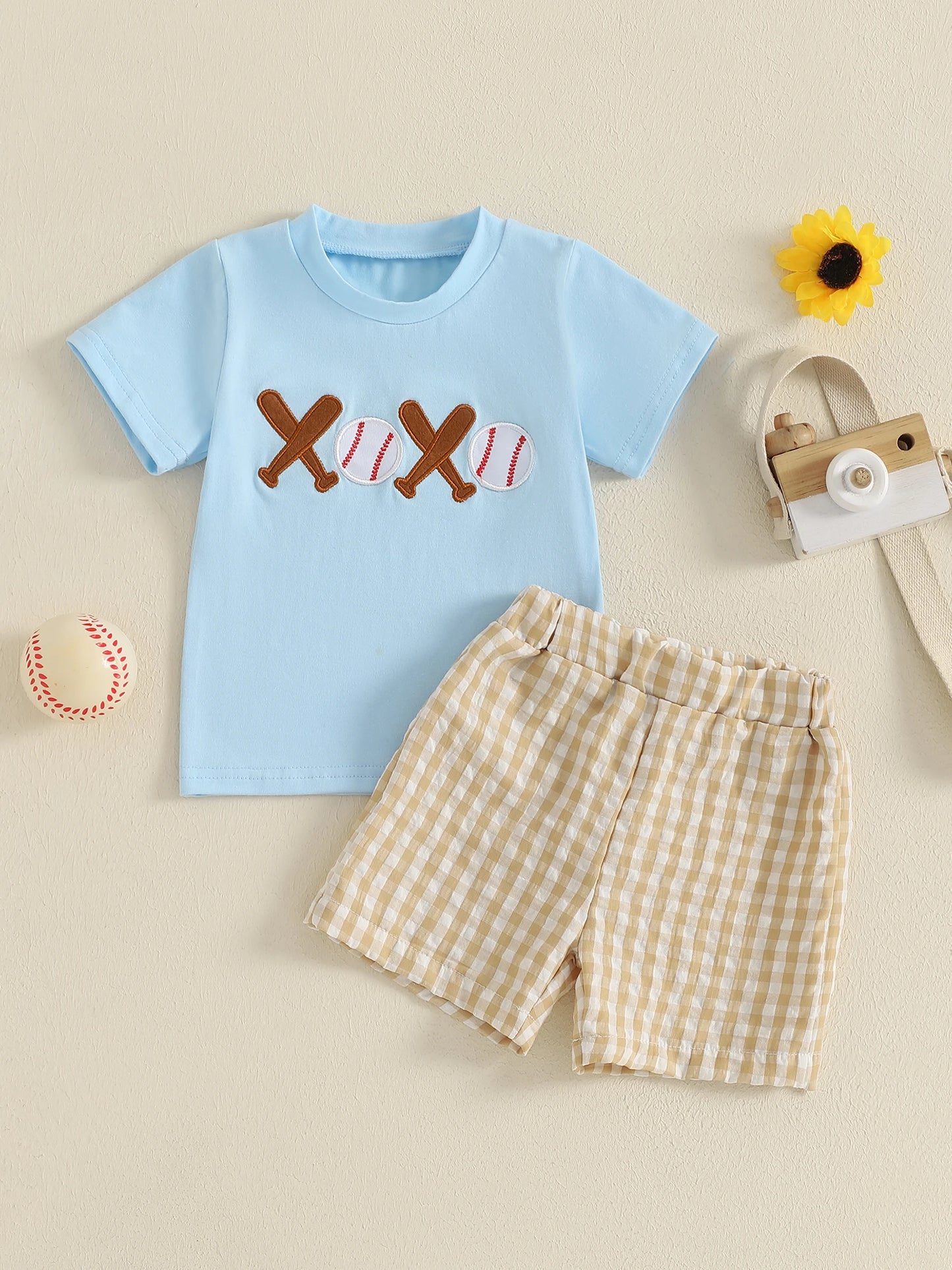 Boys 2-Piece Outfit Set with Embroidered Baseball Tee and Plaid Shorts Elastic Waistband Short Sleeve Top