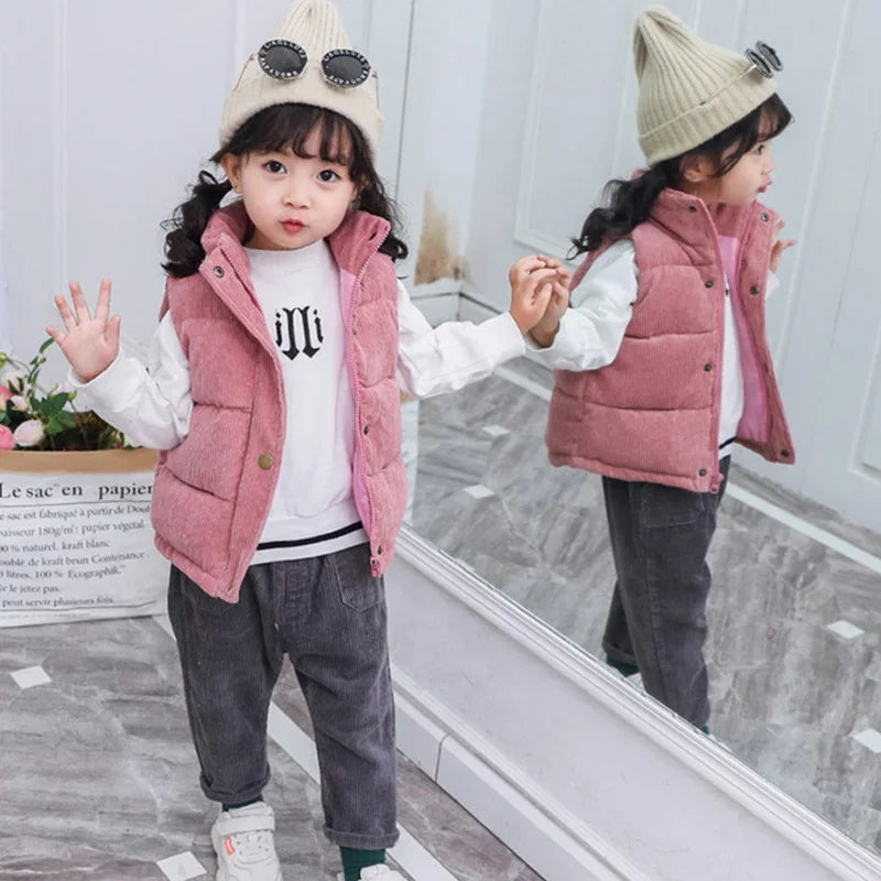 Autumn Winter Boys Girls Cotton Vest Jacket Solid Thick Corduroy Waistcoat For 2-10 Years Kids Birthday Present Child Outwear