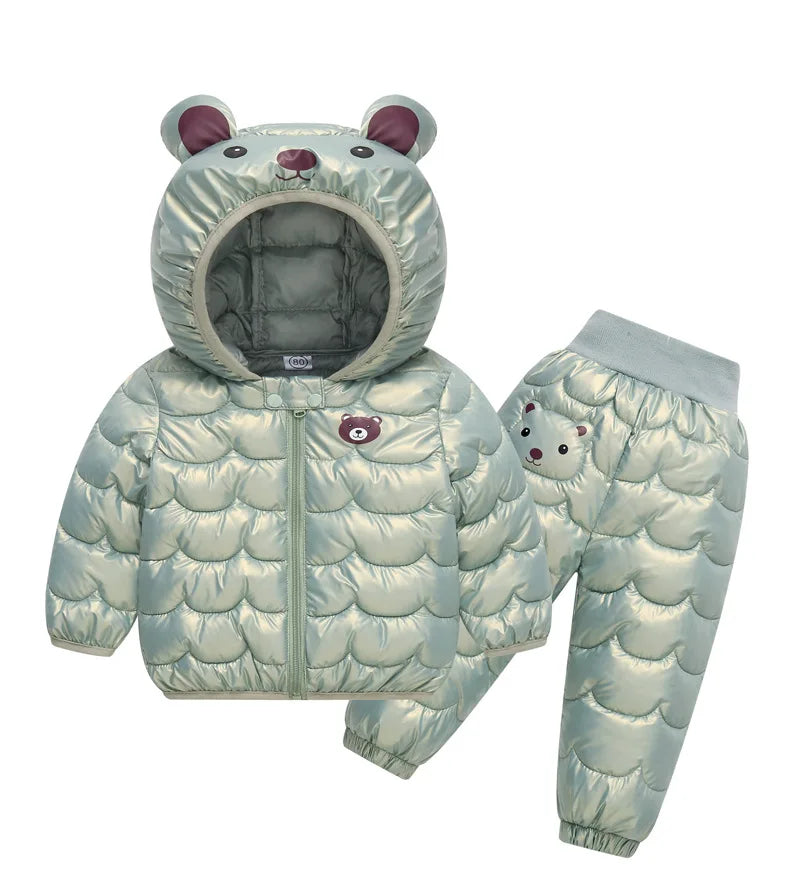 2023 New Children's Winter Set Boys and Girls' Down Coat Cartoon Bear Hooded Coat+Pants Baby Snow Thickened Warm Set 0-5Y