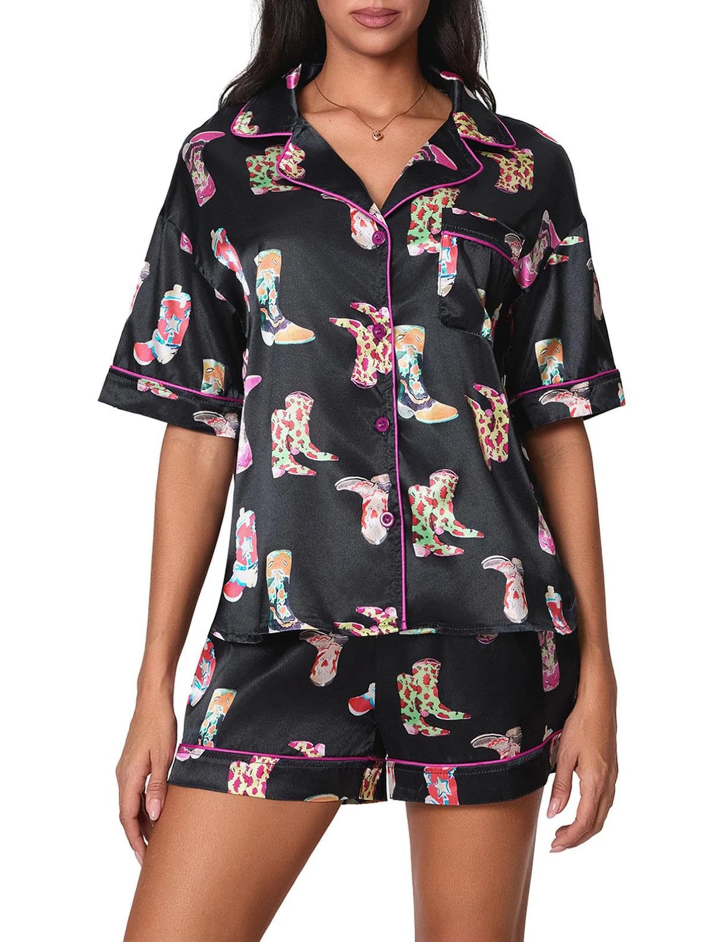 Women 2 Piece Boots Graphic Pajama Set Satin Sleepwear