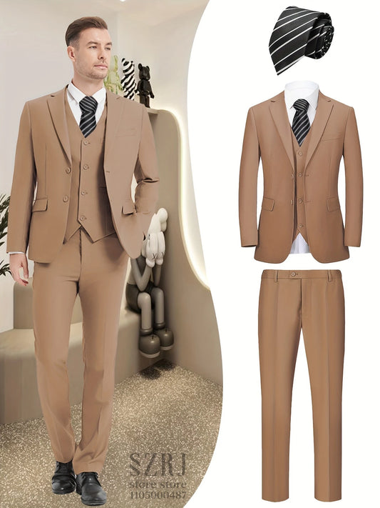 Men's 4-Piece Suit: Jacket+Vest+Pants+Black Tie. V-Neck, Gentleman Style, Premium, Tailored. For Business, Parties, Weddings.