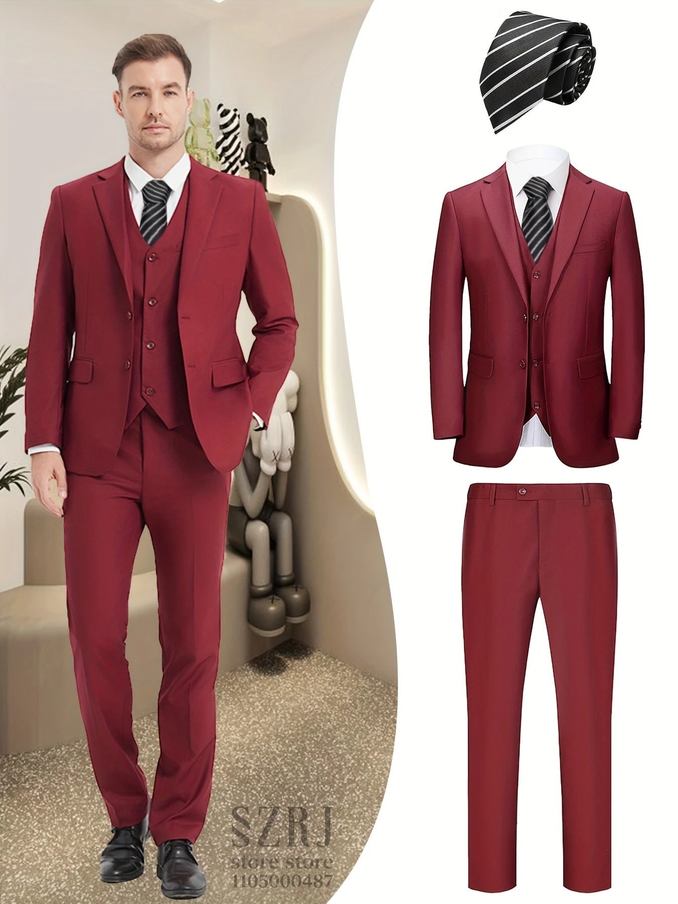 Men's 4-Piece Suit: Jacket+Vest+Pants+Black Tie. V-Neck, Gentleman Style, Premium, Tailored. For Business, Parties, Weddings.