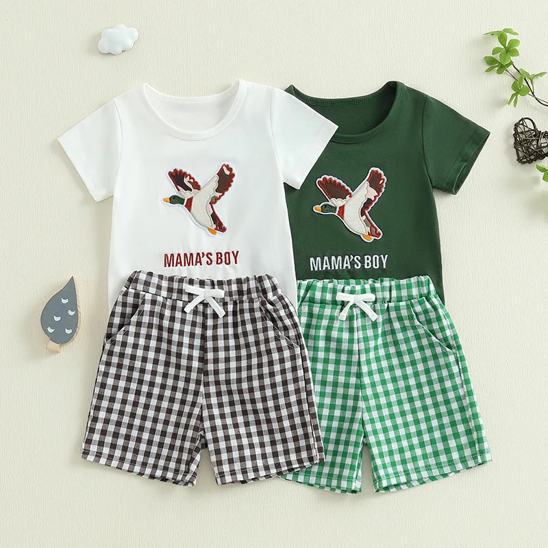 Toddler Boys Casual Outfits Cute Animal Print Short Sleeves T-Shirt and Elastic Denim Shorts Set for Summer Wear