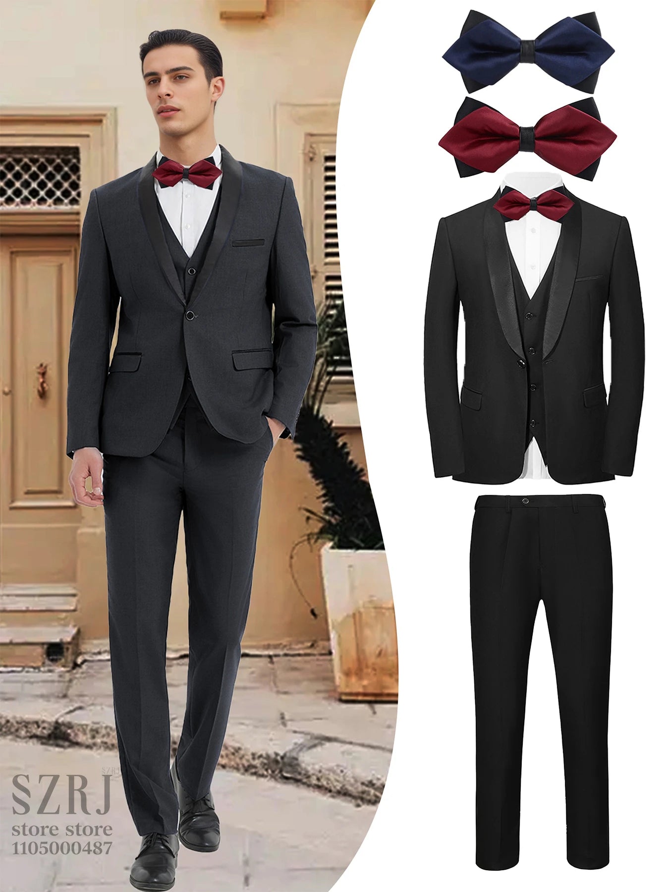 Men's 5-Piece Business Suit Set: Jacket+Vest+Pants+2 Bow Ties (Red+Blue).Premium, Tailored， For Parties, Weddings, Business.