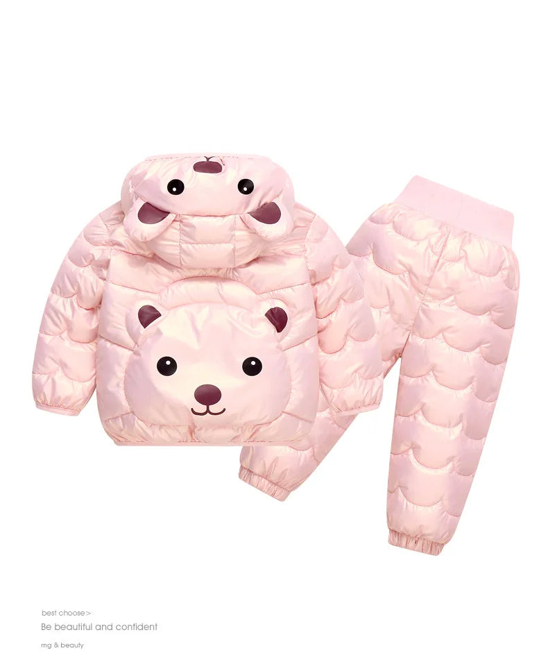 2023 New Children's Winter Set Boys and Girls' Down Coat Cartoon Bear Hooded Coat+Pants Baby Snow Thickened Warm Set 0-5Y