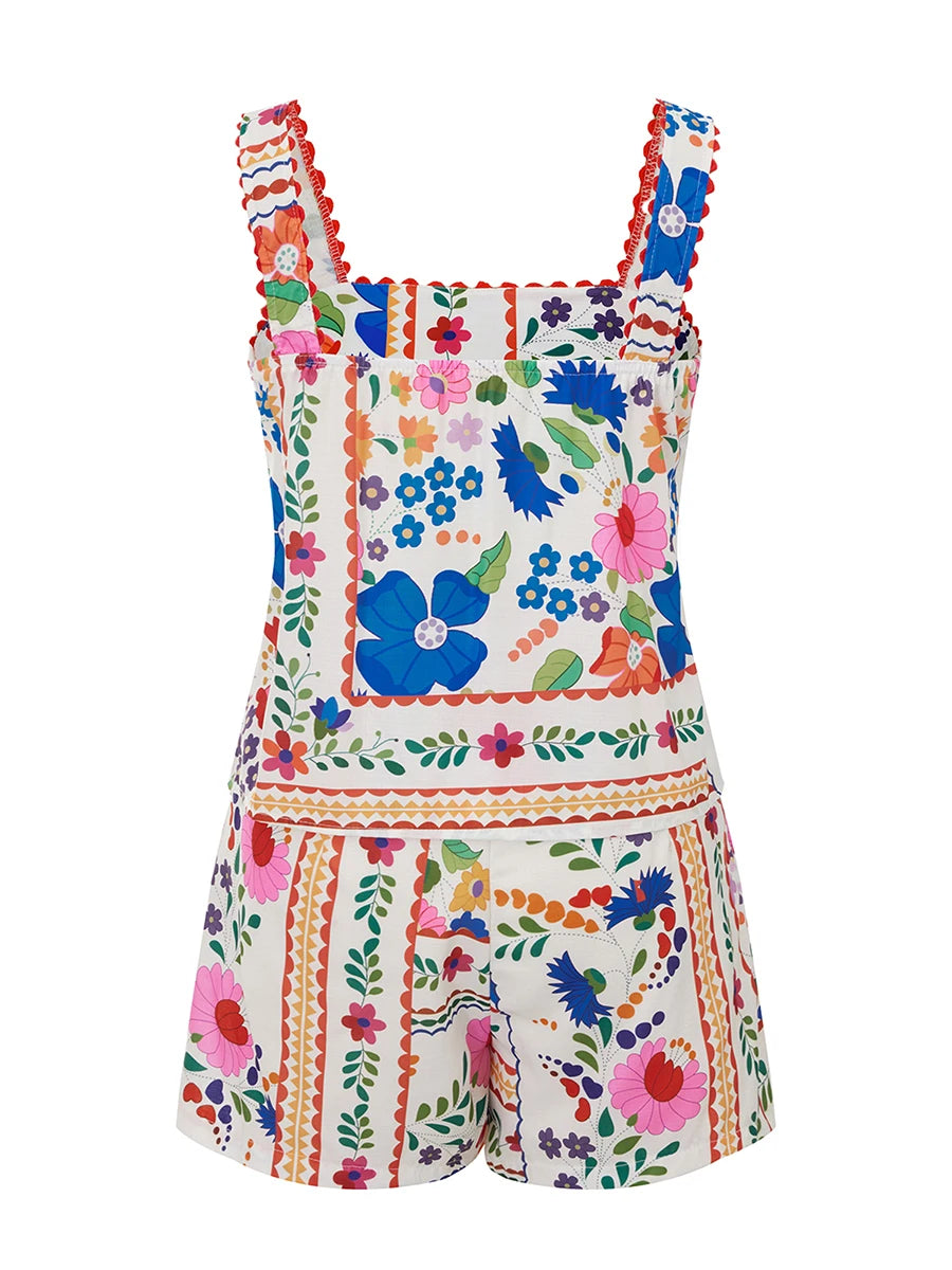 Women s Casual Summer 2-Piece Set with Sleeveless Square Neck Tank Top and Loose Shorts in Floral Print Streetwear Fashion