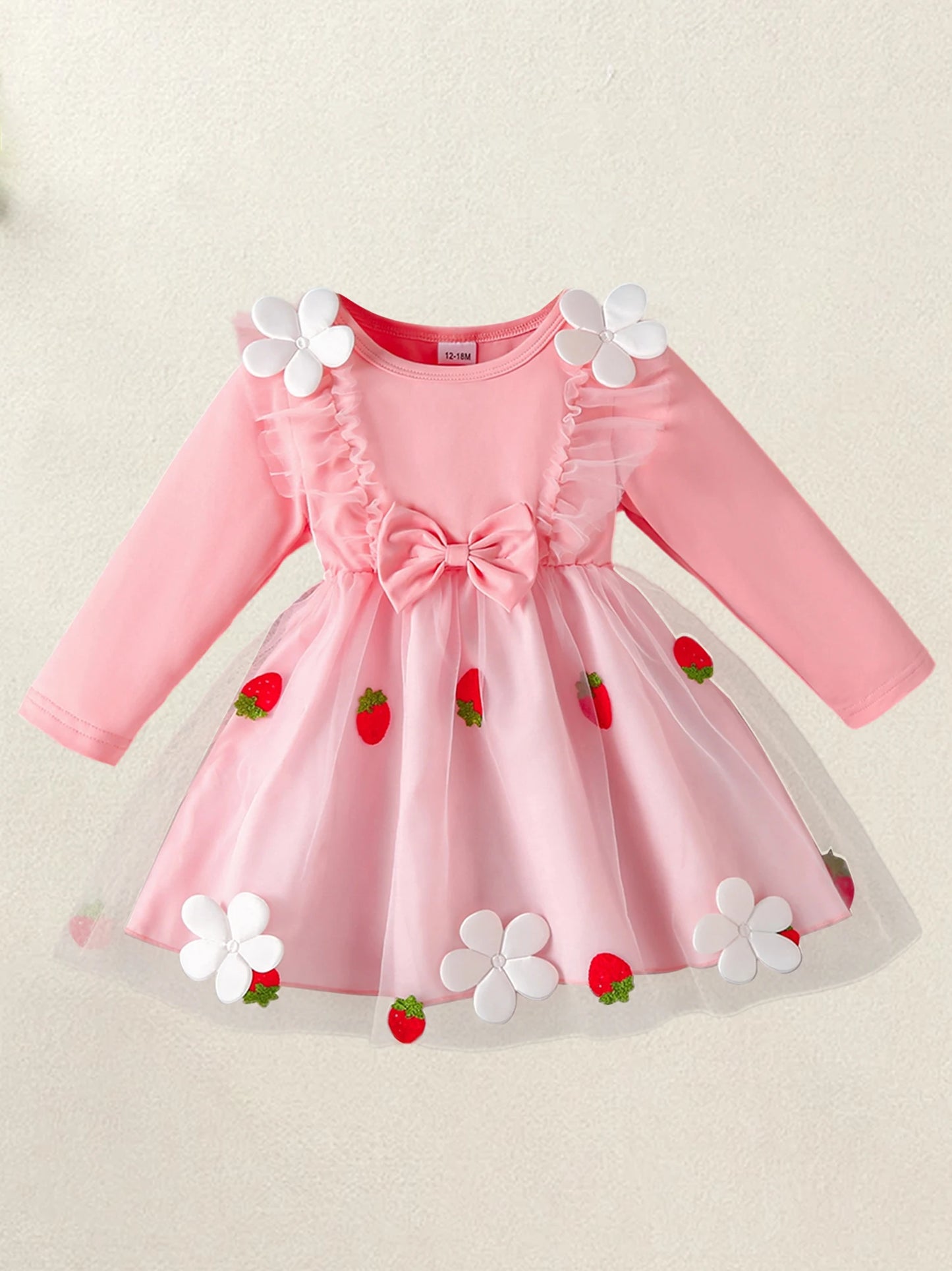 Infant Girls Long Sleeve Crew Neck Dress with Strawberry Embroidery Floral Bow Detail and Tutu Skirt