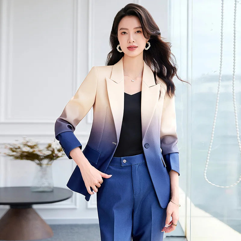 HIGH STREET Newest Fashion 2024 Designer Suit Set Women's Gradient Color Printed Single Button Blazer Flare Pants Suit