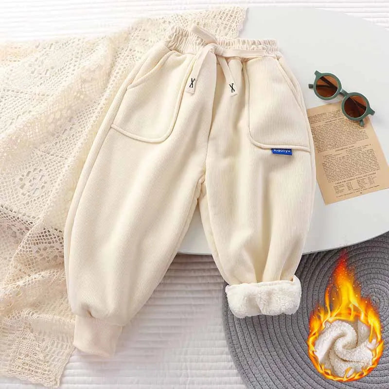 Boys Girls Fleece Line Pants Winter Children Thick Velvet Warm Trousers Autumn New Girls Elastic Solid Casual Sweatpants 2-12Y