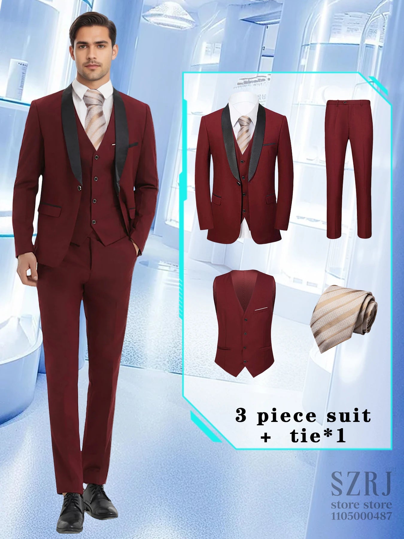 4-Piece Men's Suit: Jacket, Pants, Vest & Gold Tie. Fashionable, Concise, Multifunctional. For Business, Banquets, Weddings.