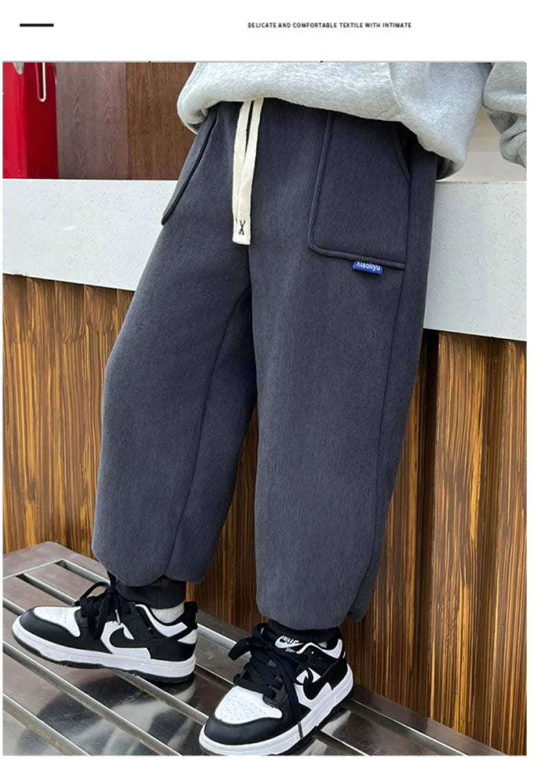 Boys Girls Fleece Line Pants Winter Children Thick Velvet Warm Trousers Autumn New Girls Elastic Solid Casual Sweatpants 2-12Y