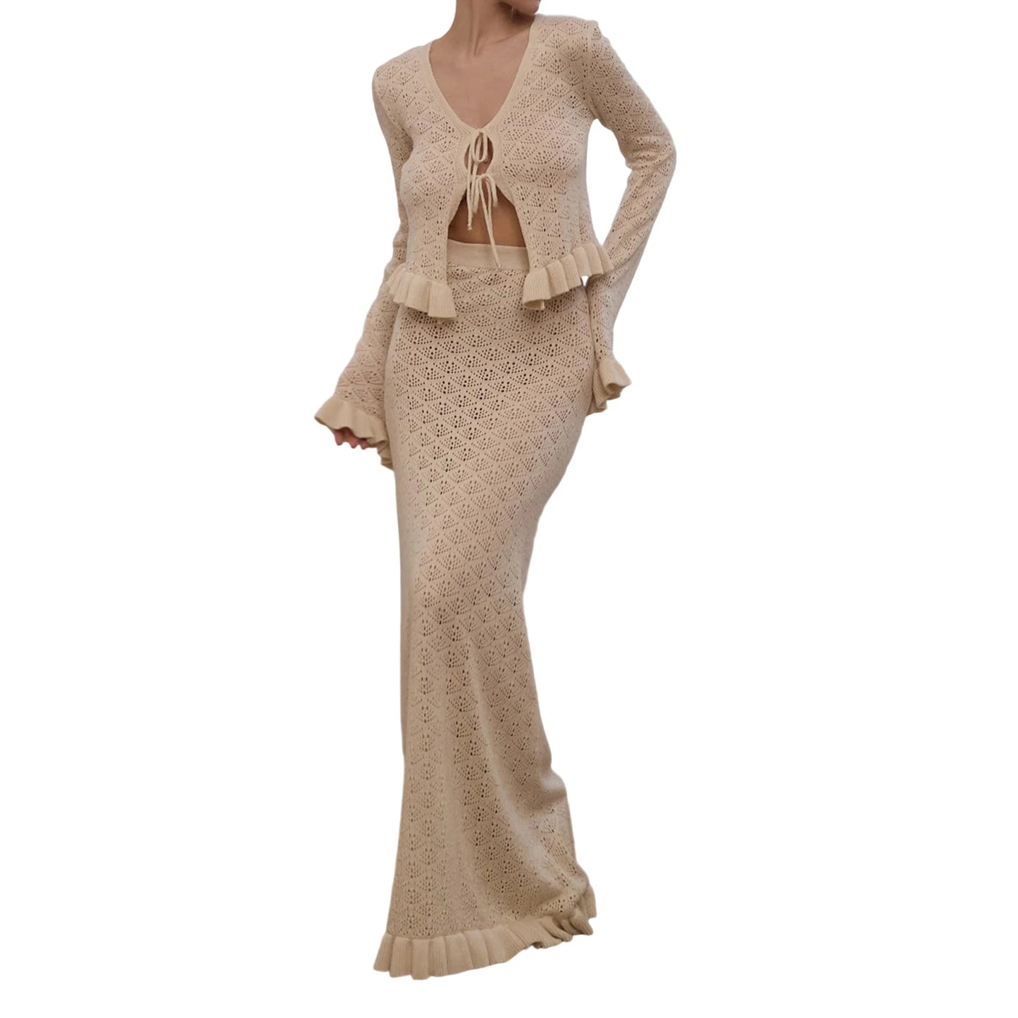 Women s Two Piece Outfit Stylish Long Sleeve Tie Front Top with Ruffled Bodycon Skirt Set for a Chic Look